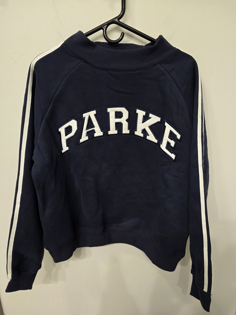Parke Navy Crewneck Sweatshirt with Stripe Sleeves